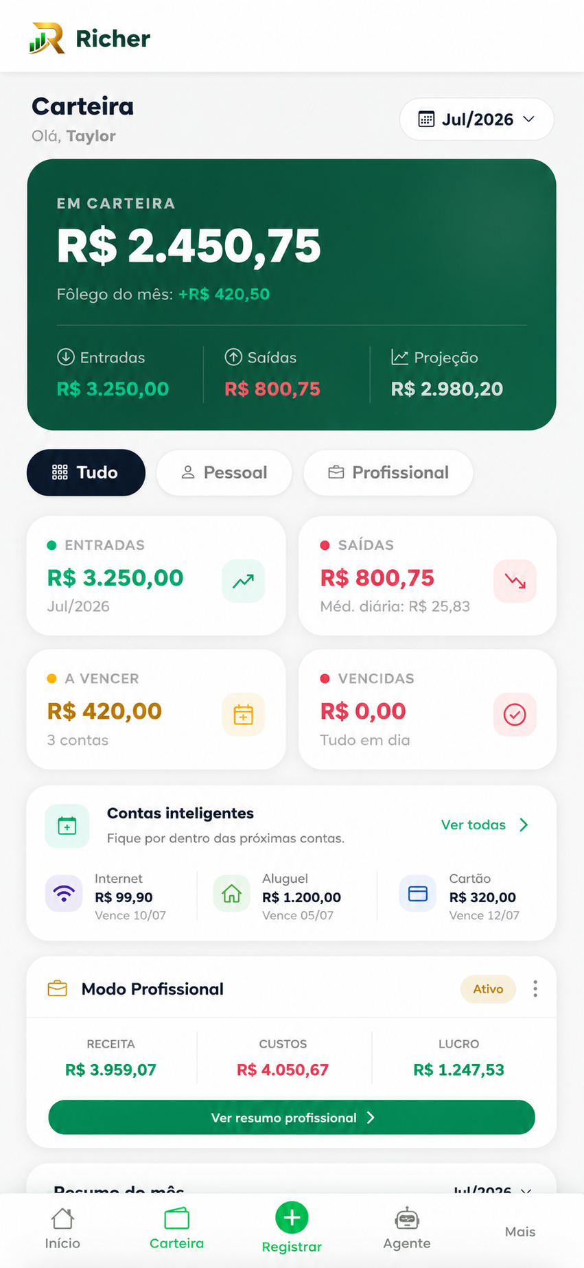 Tela Carteira do painel Richer